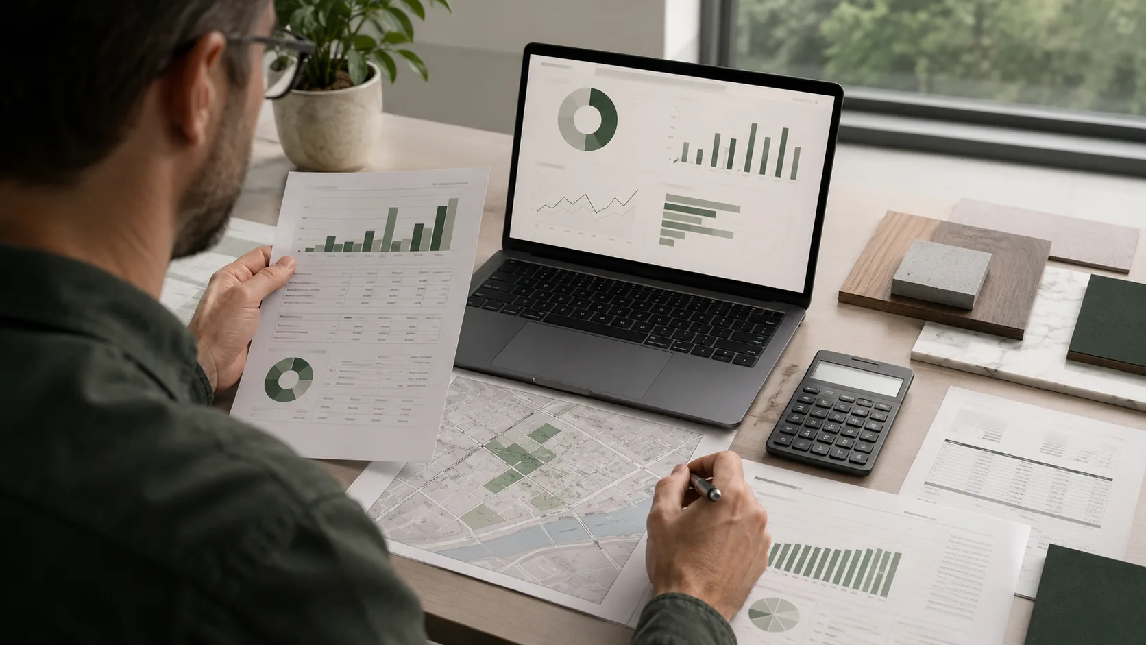 Real-estate analyst reviewing property documents, financial charts and data-assisted underwriting