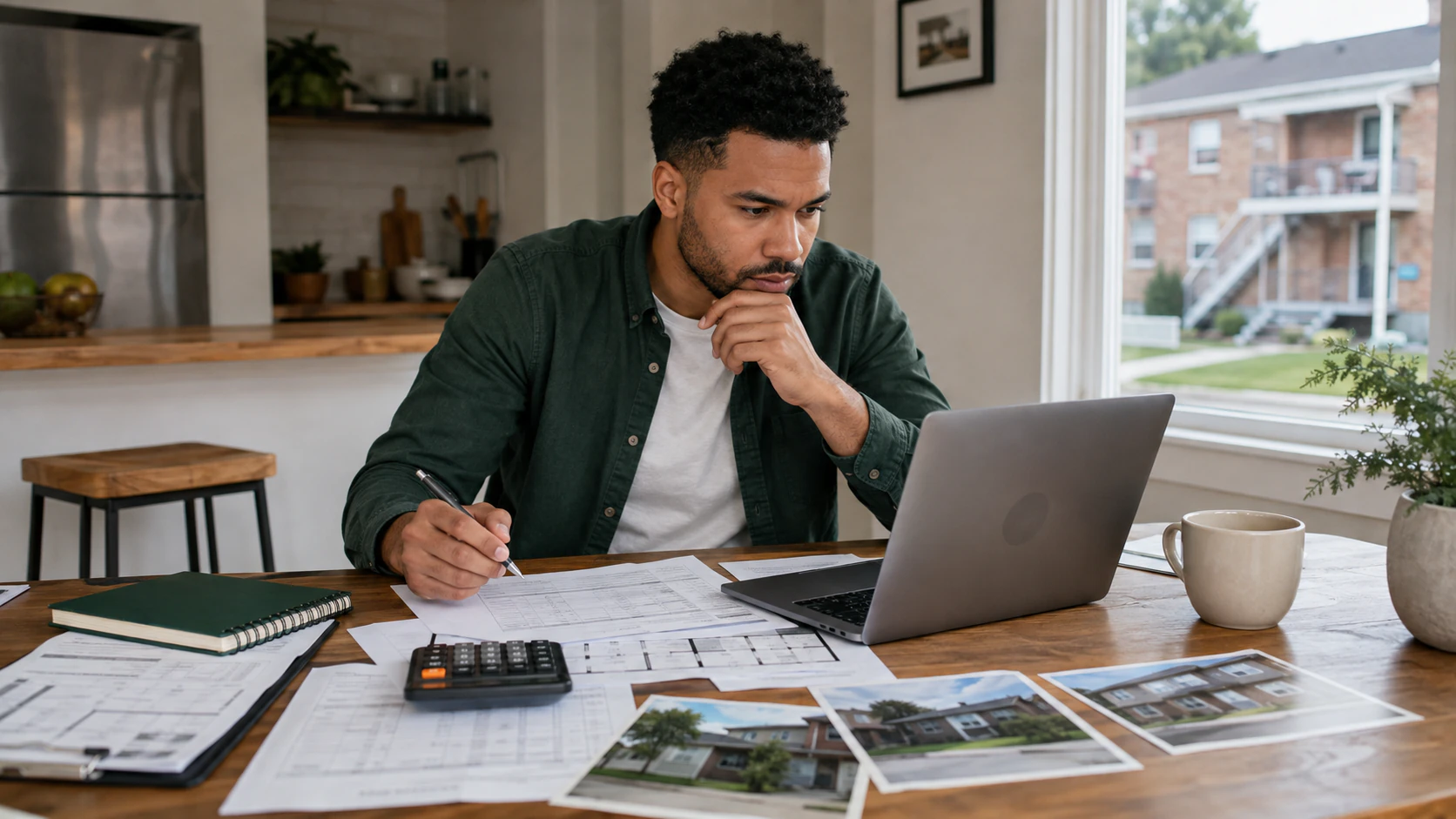 Beginner real estate investor reviewing property financing, expenses and inspection notes