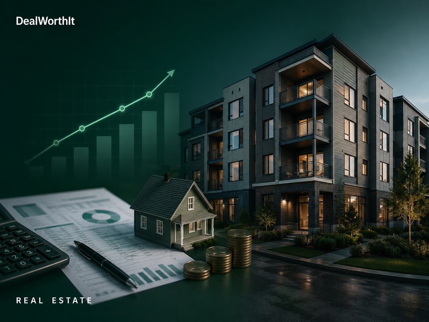 Model single-family rental house in front of a modern apartment building at dusk, with a calculator, printed cash-flow statement, coin stacks and a rising performance chart