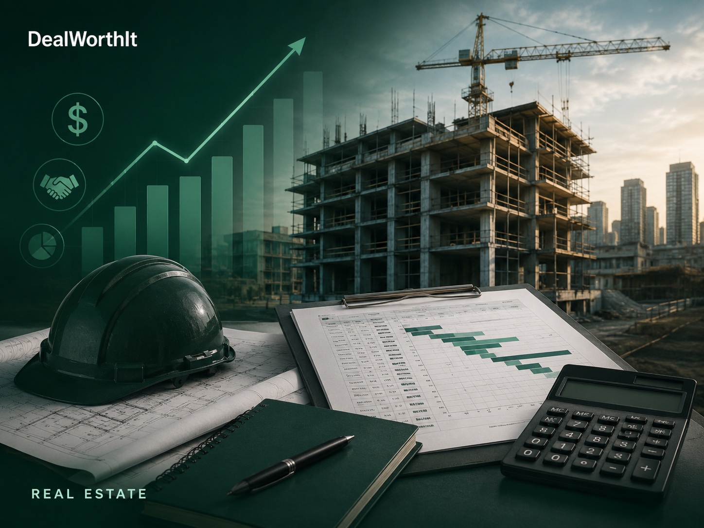 Hard hat, blueprints and calculator around a printed draw schedule with a stepped funding chart, in front of a concrete structure rising under a tower crane