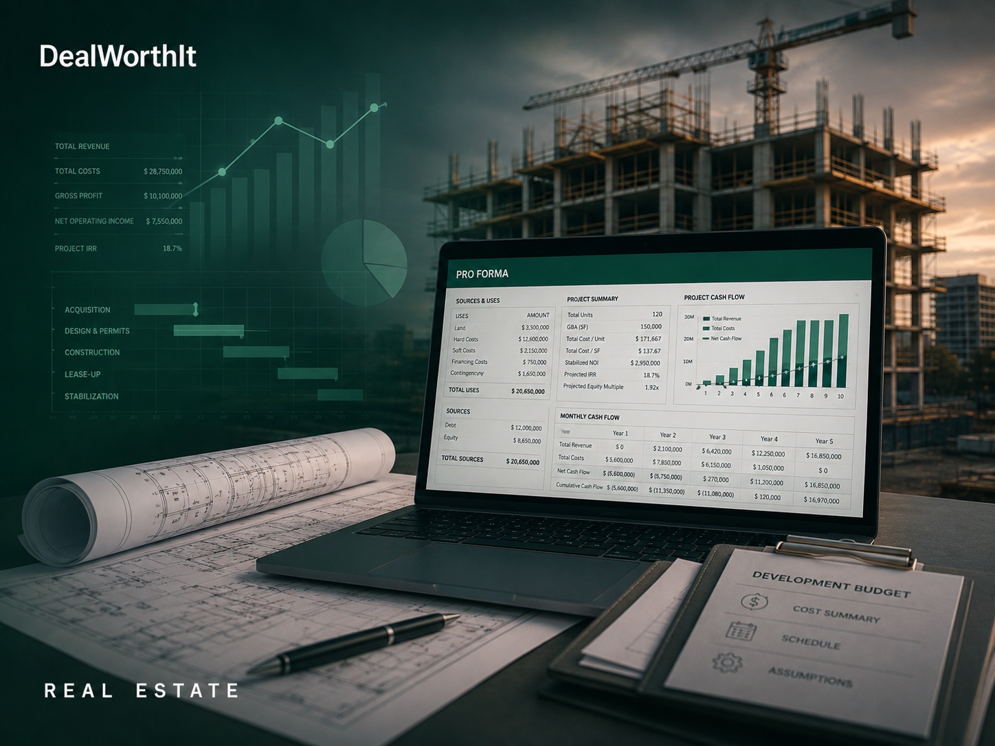 Laptop over development blueprints showing a pro forma with sources and uses, a project summary and a ten-year cash-flow chart, beside a development budget clipboard at a construction site, demonstration figures only