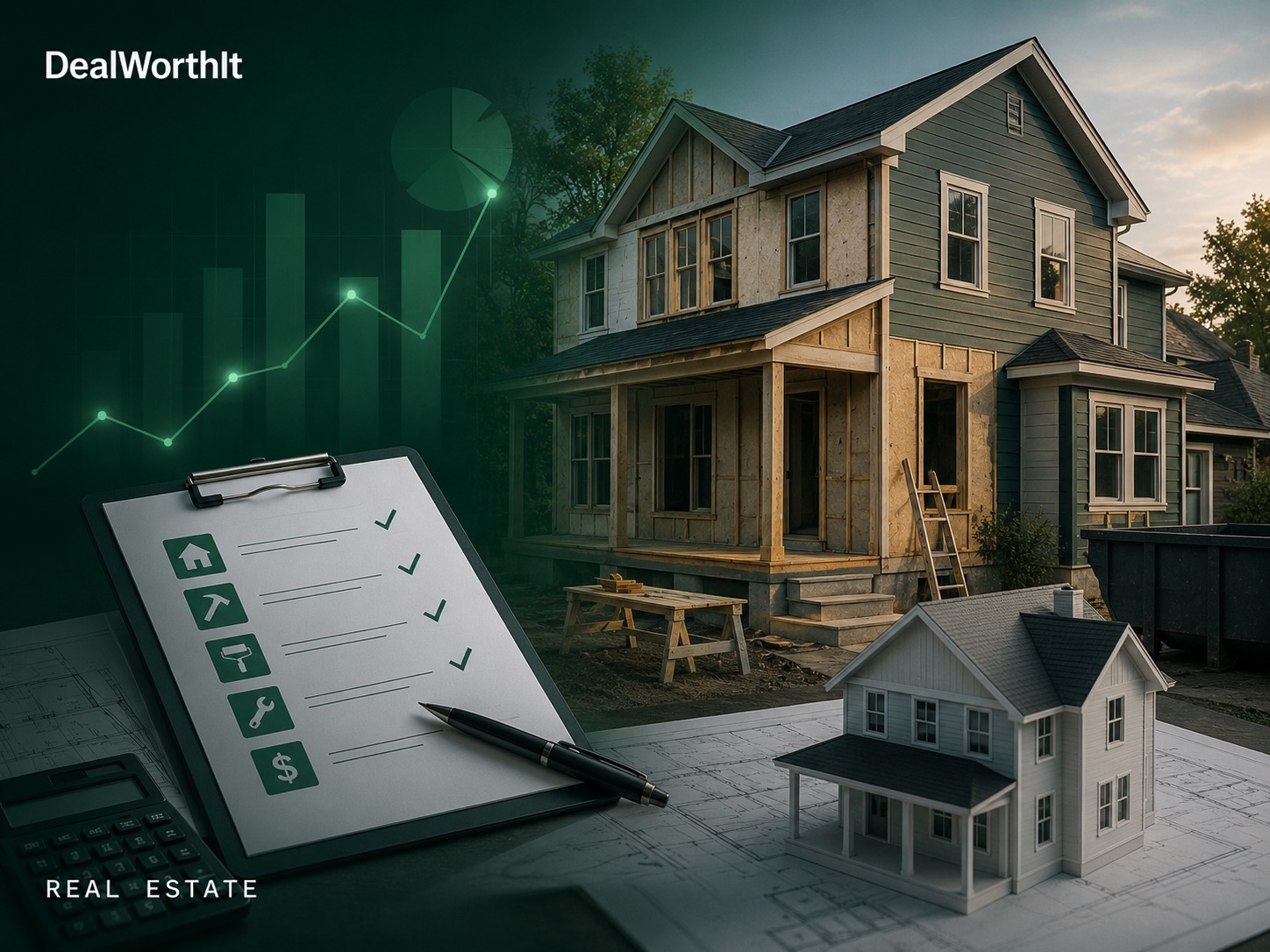 House mid-renovation with new siding going up over exposed sheathing, a rehab checklist on a clipboard, and a model house standing on blueprints beside a calculator