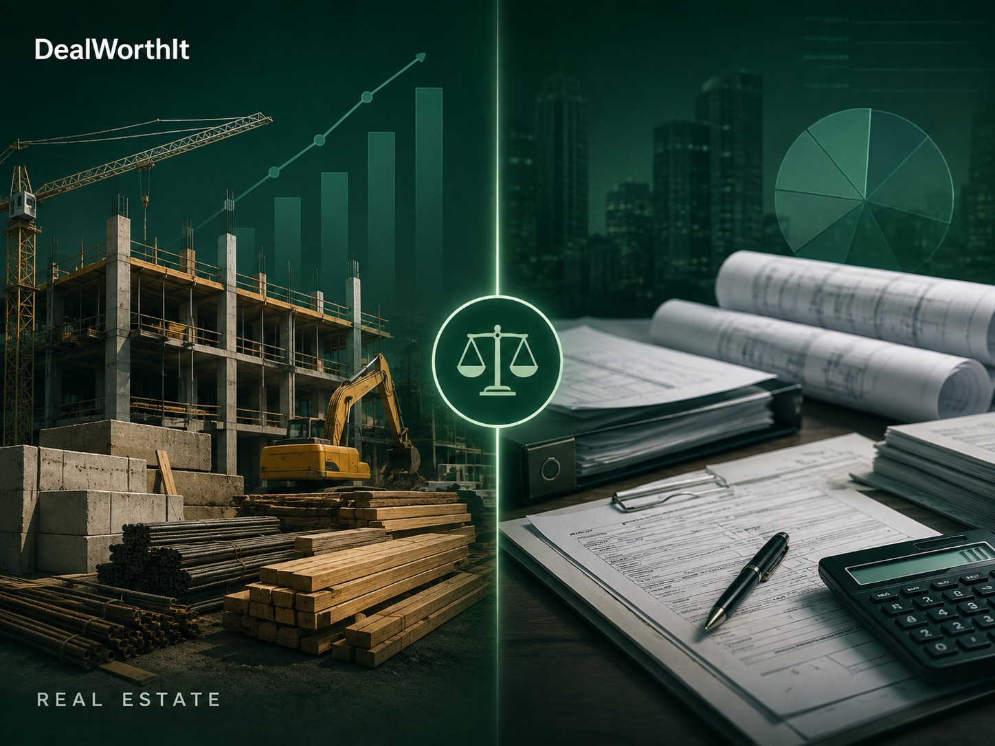 Split scene balanced on a scales icon: lumber, rebar and an excavator on an active construction site against permits, blueprints, a calculator and a cost pie chart