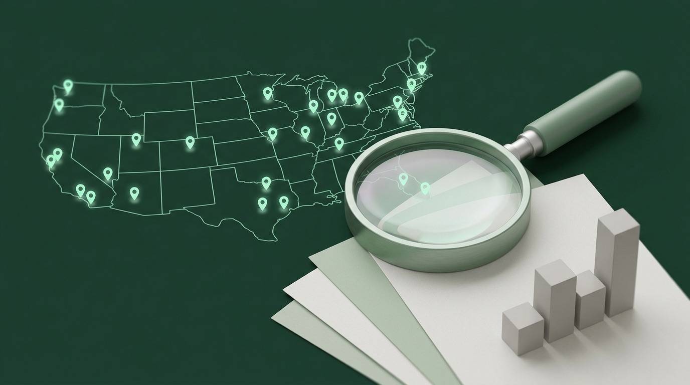 Decorative illustration: a plain outline map of the United States marked with generic location pins, beside a magnifying glass, blank sheets of paper and unlabelled blocks. The pins do not correspond to the markets discussed, and the image contains no data.