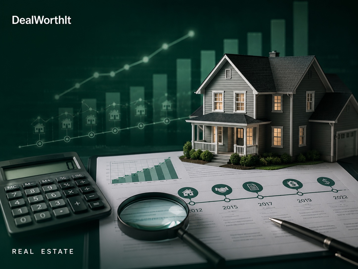 Model house on a printed ownership timeline of dated sale, loan and price milestones, flanked by a calculator, magnifying glass and a rising market chart