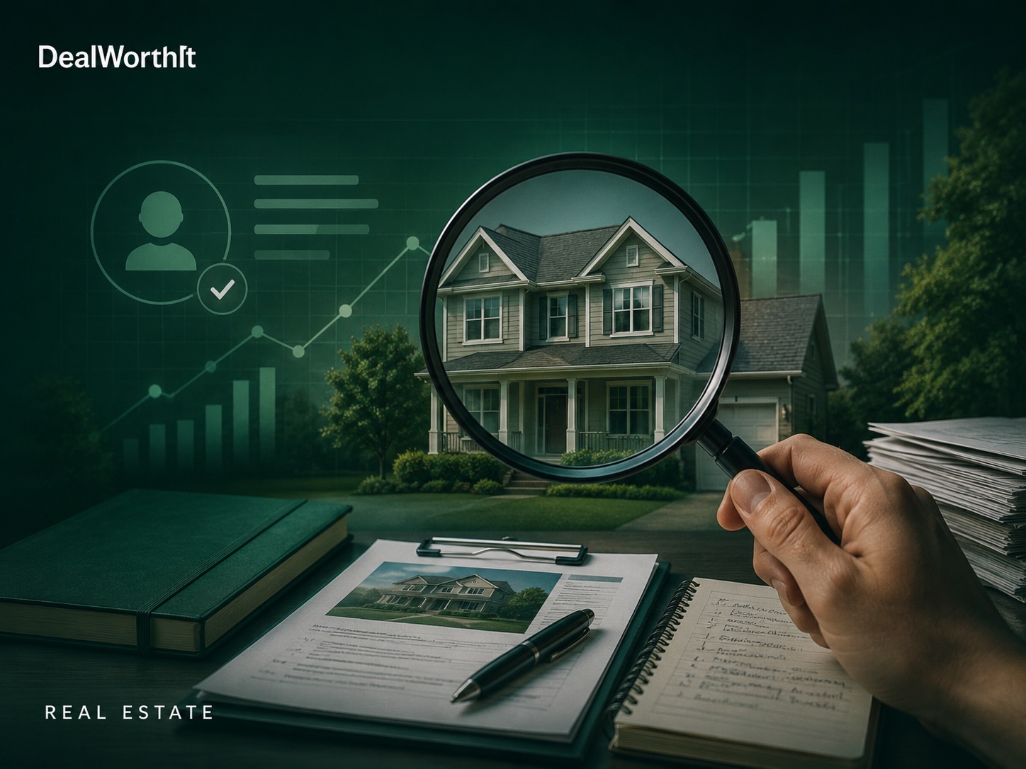 Hand holding a magnifying glass over an off-market suburban house, with an owner-profile icon, rising chart line, clipboard property report and handwritten research notes on the desk