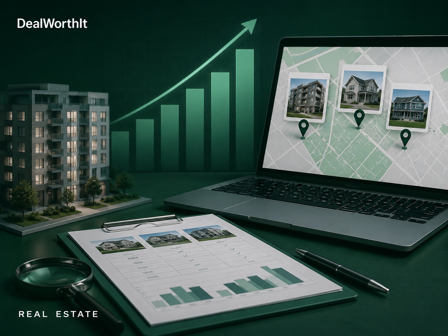 Laptop showing three comparable properties pinned on a neighborhood map, beside a printed comps table with property photos and bar charts, a model apartment building and a rising sales chart