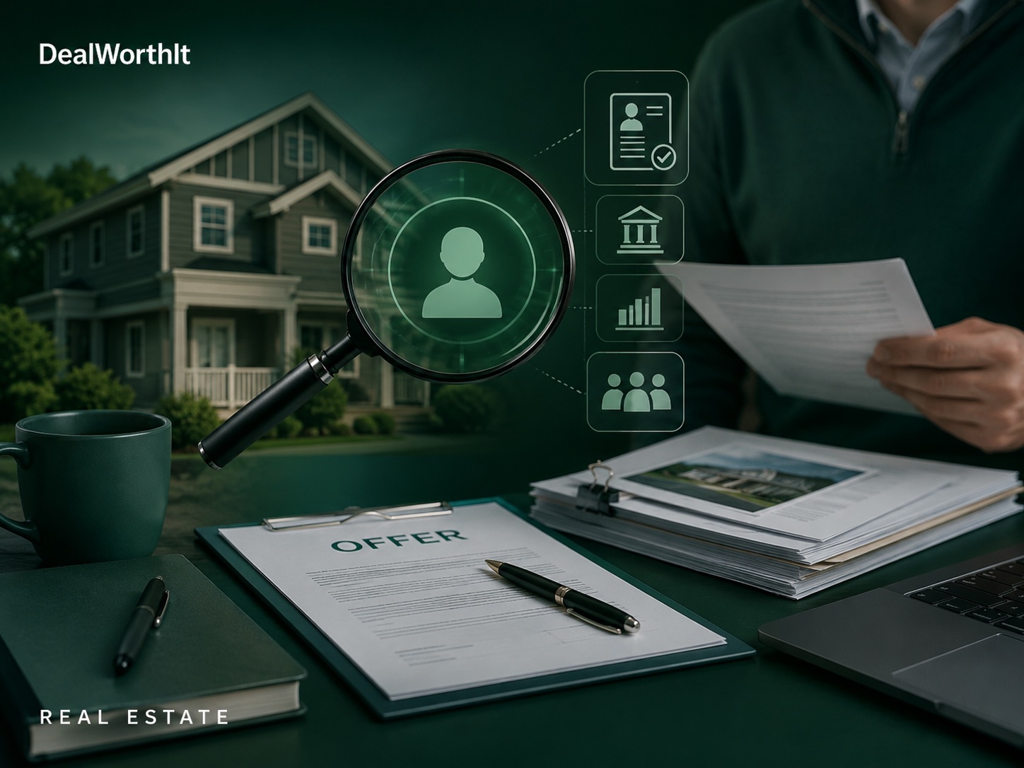 Magnifying glass over an owner-profile icon linked to identity, bank, portfolio and contact icons, above an OFFER contract on a clipboard while an investor reviews documents