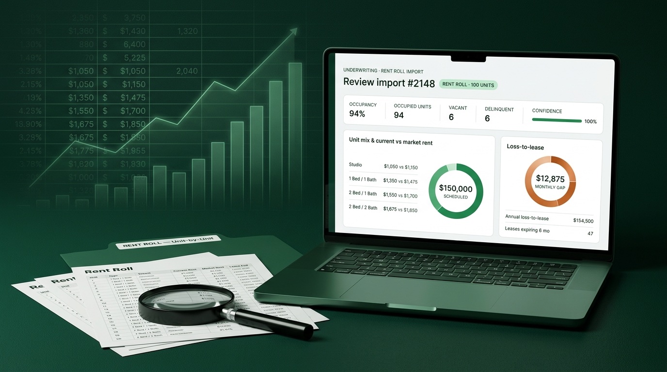 DealWorthIt rent roll analysis screen showing current rent, market rent, vacancy, unit mix, and multifamily underwriting assumptions.