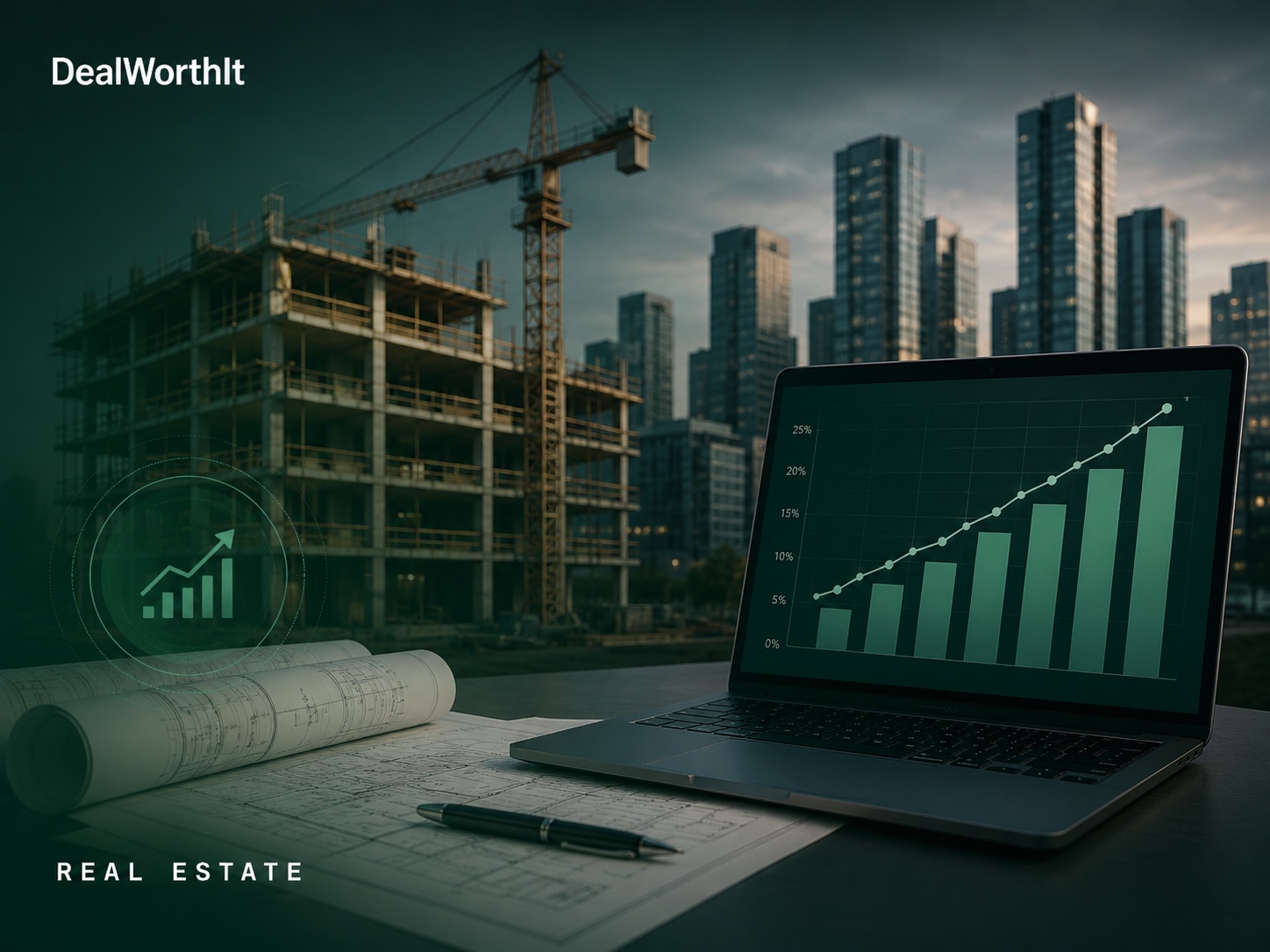 Laptop on construction blueprints charting a stabilized yield climbing from 5% toward 25%, with a concrete building frame, tower crane and city skyline behind