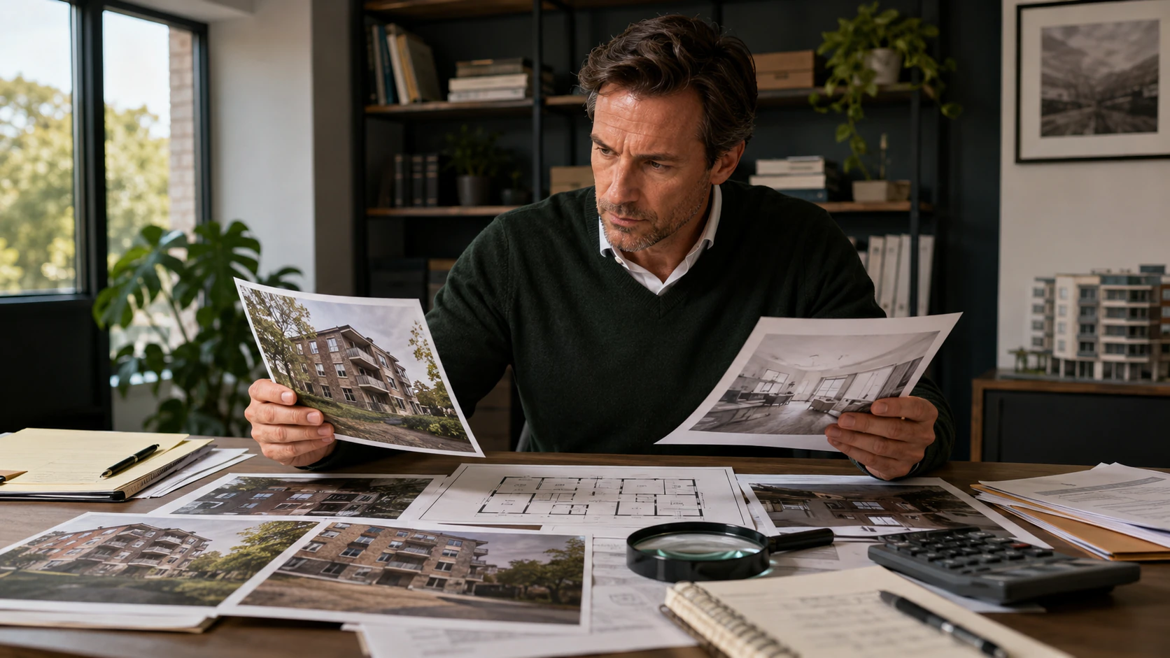 Real estate investor reviewing property photos and deal documents for potential problems