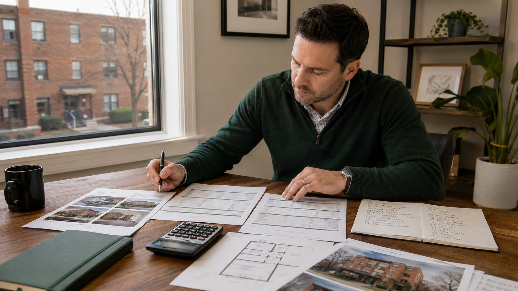 Real estate investor at a desk reviewing property photographs, an operating statement, a floor plan and a handwritten risk checklist before buying a property