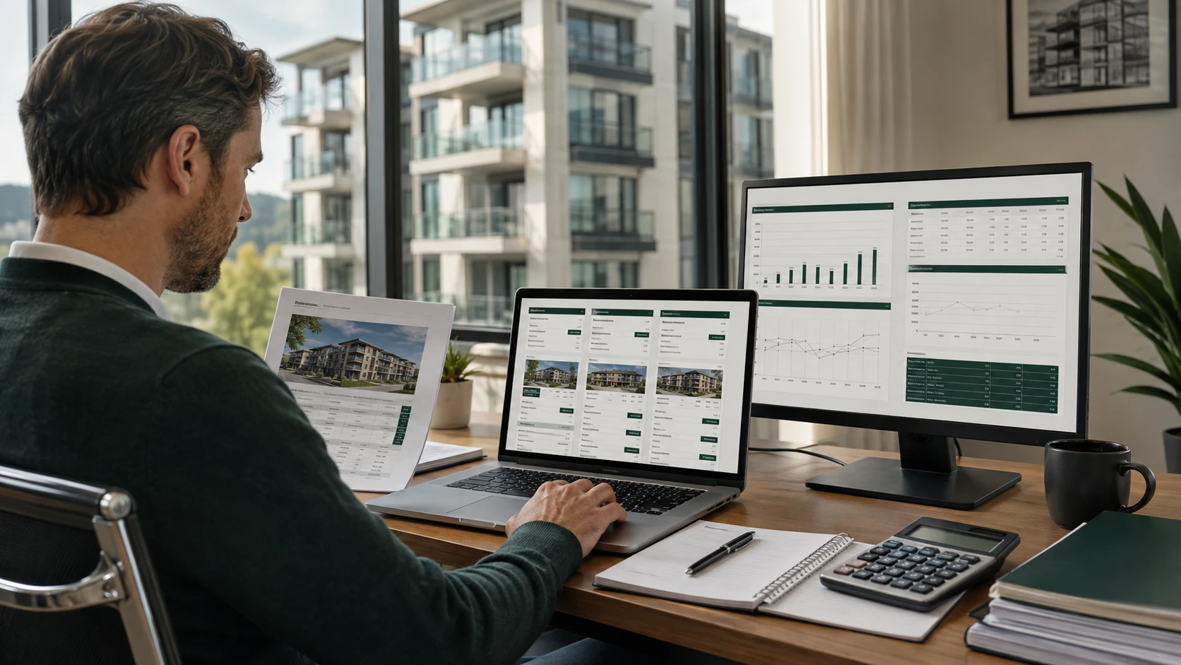 Real estate analyst using underwriting software to evaluate a multifamily property