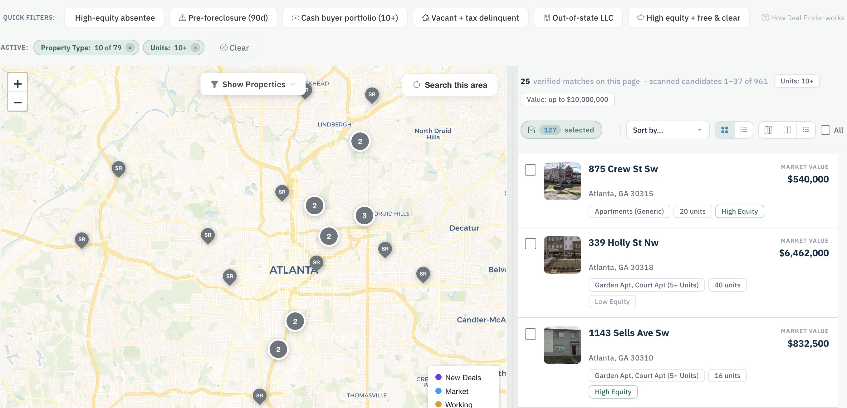 DealWorthIt property finder showing Atlanta search filters, a map, and matching properties
