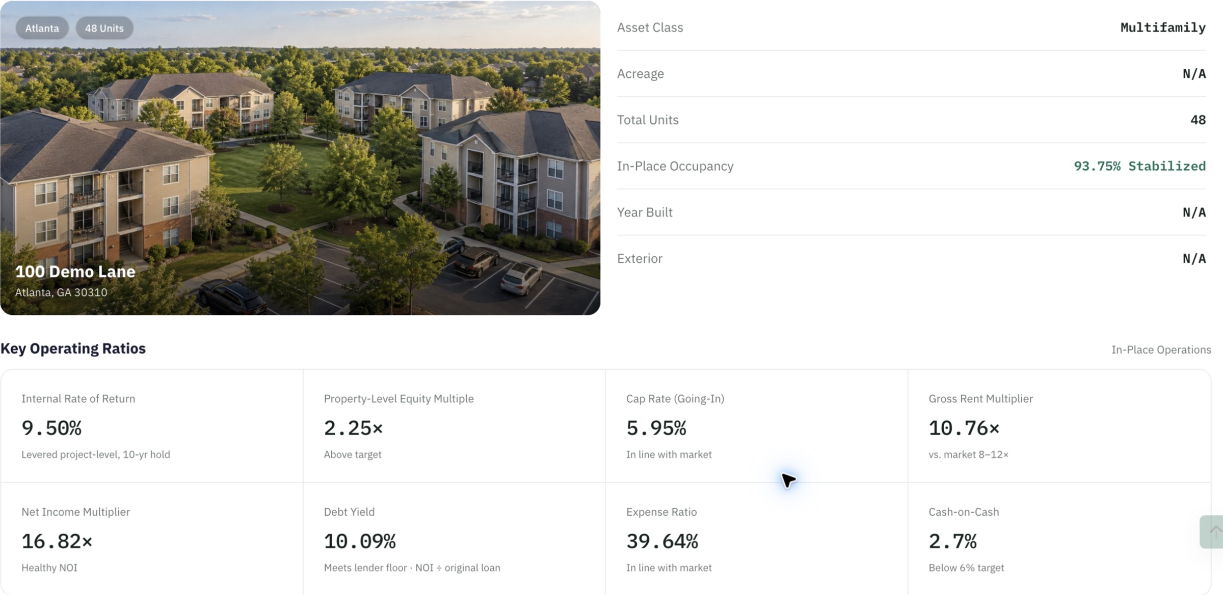 DealWorthIt multifamily deal report showing a property photo, projected returns, and operating ratios