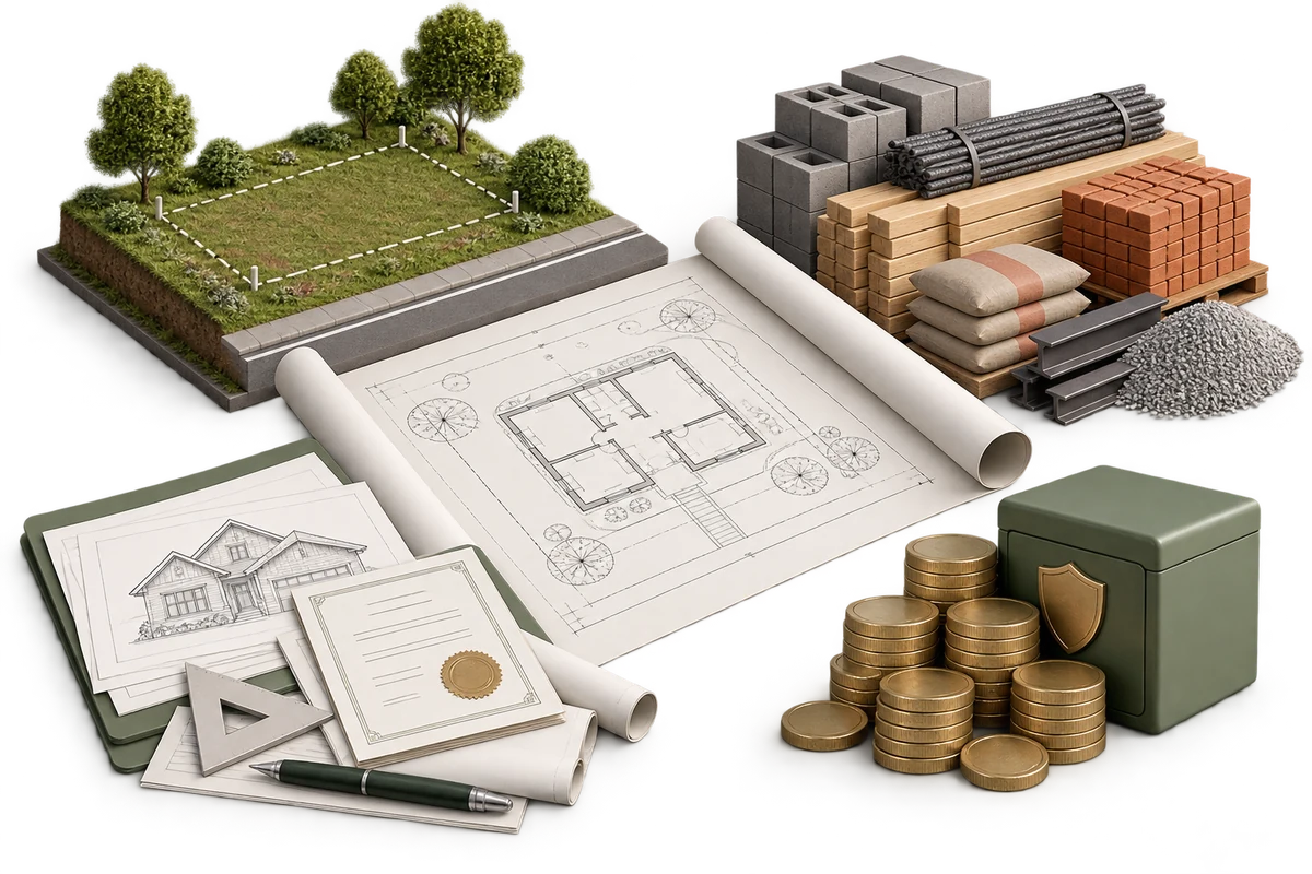 Land, building materials, design documents, and contingency reserves