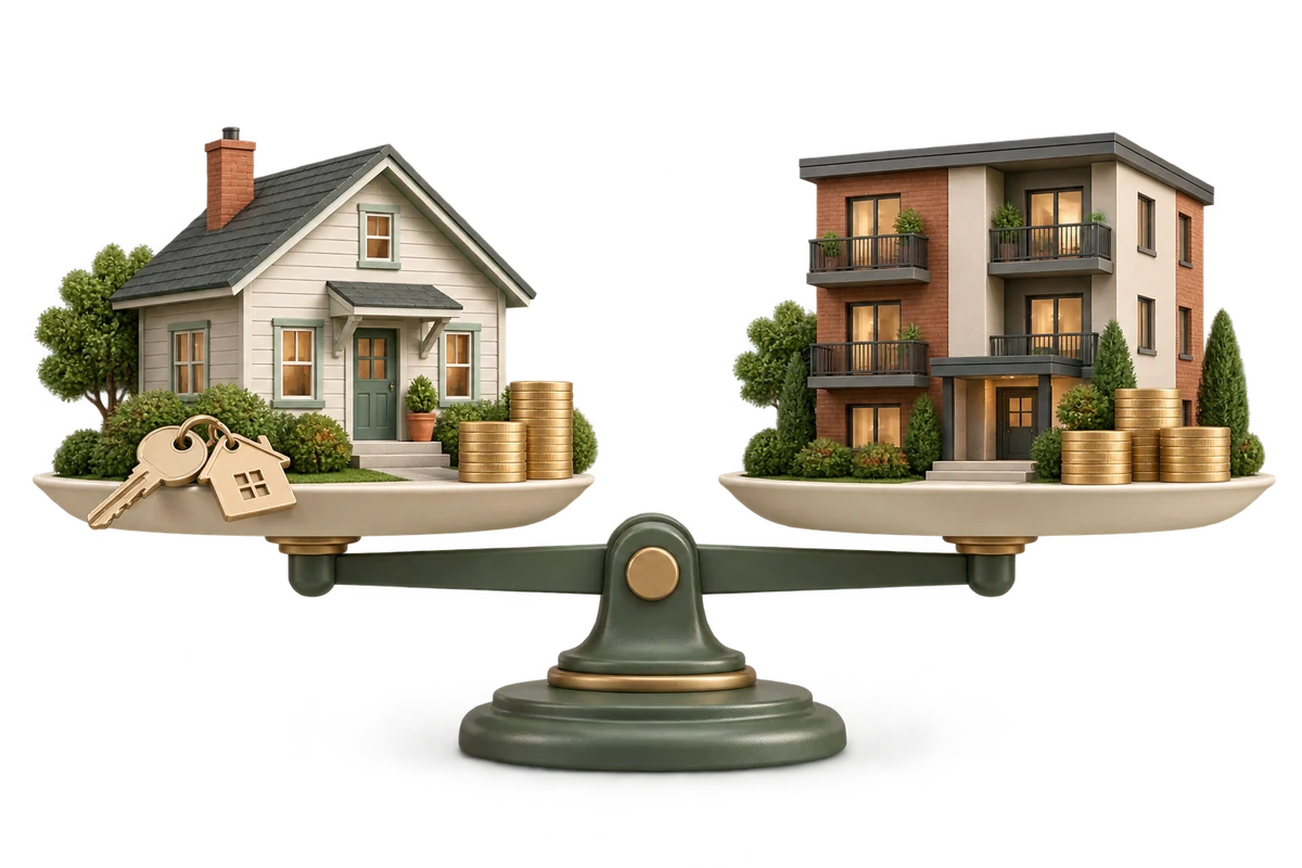 Detached house and apartment building compared side by side