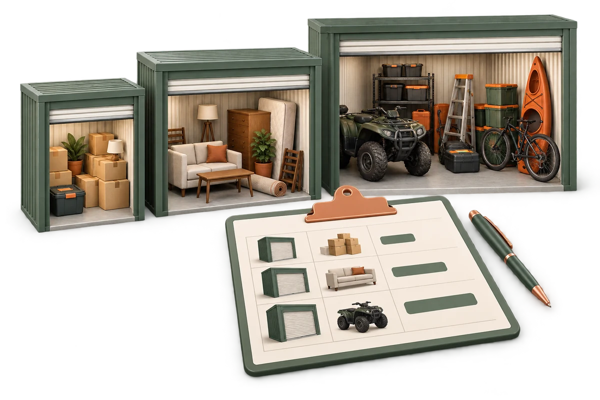 Different storage unit sizes with an inventory sheet