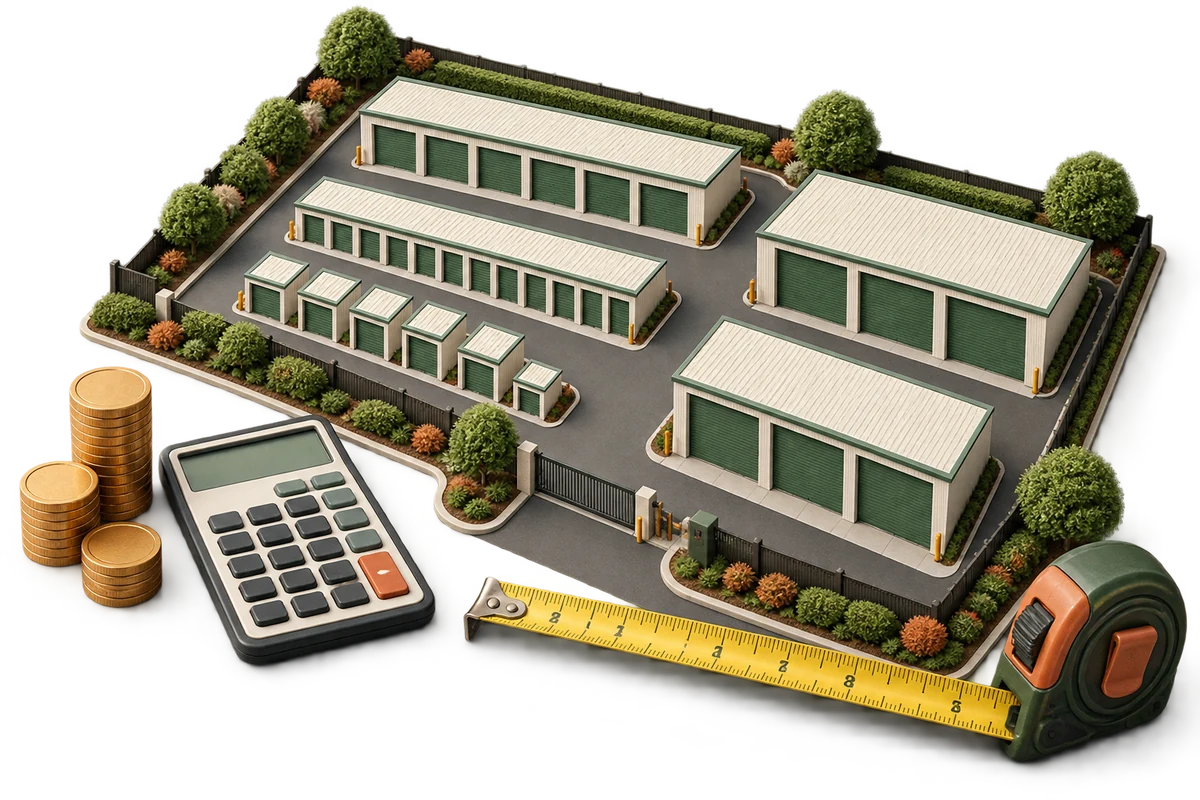 Storage floor plan with measuring tools and valuation calculations