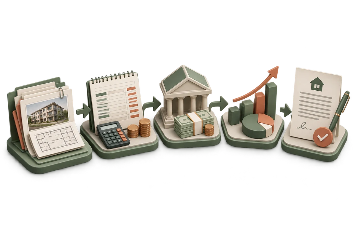 Documents, operating model, financing, returns, and offer connected in sequence