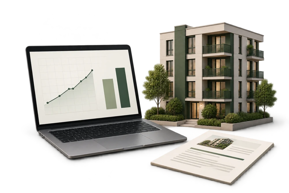 Financial model on a laptop beside an investment property