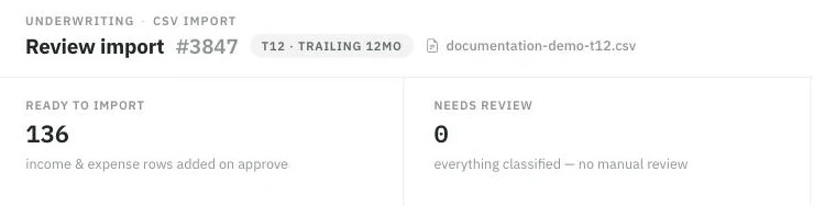 T12 import review for a demonstration CSV, with 136 rows ready and zero requiring review