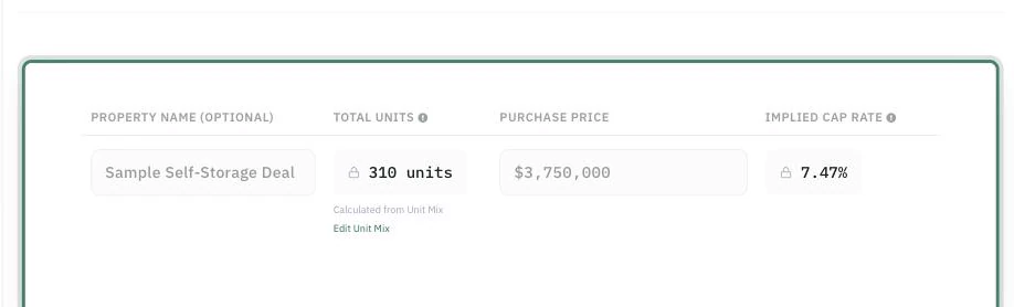 Sample self-storage workspace with 310 units calculated from the unit mix