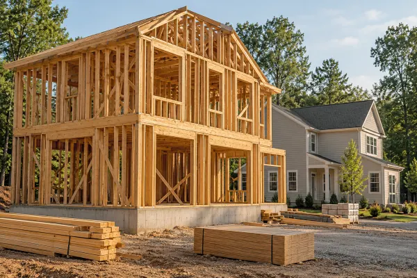 Timber framing at a residential construction site