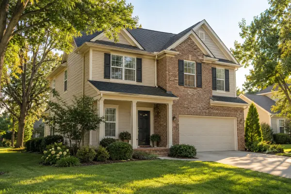 A welcoming two-story house with a front porch and mature trees